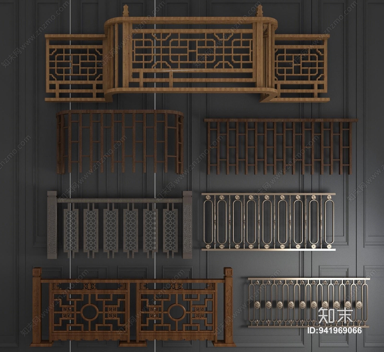 新中式木质金属雕花栏杆扶手组合3D模型下载【ID:941969066】