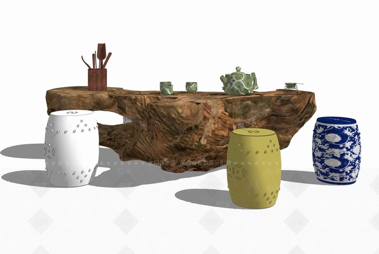 中式根雕茶几瓷凳组合SU模型下载【ID:162184142】