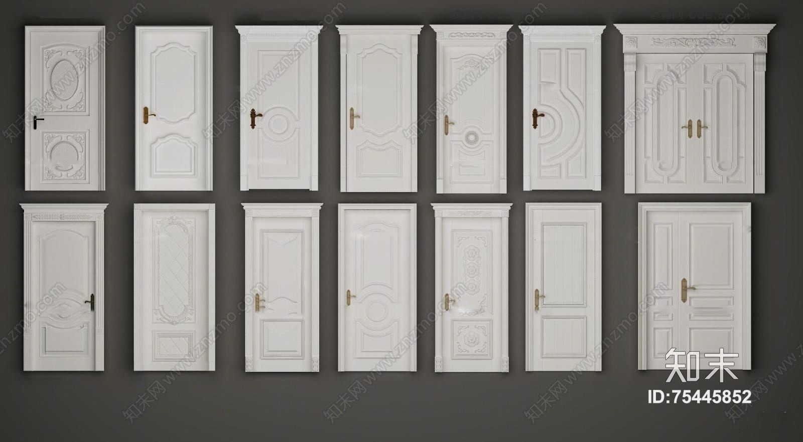 欧式白色雕花实木门组合3D模型下载【ID:75445852】