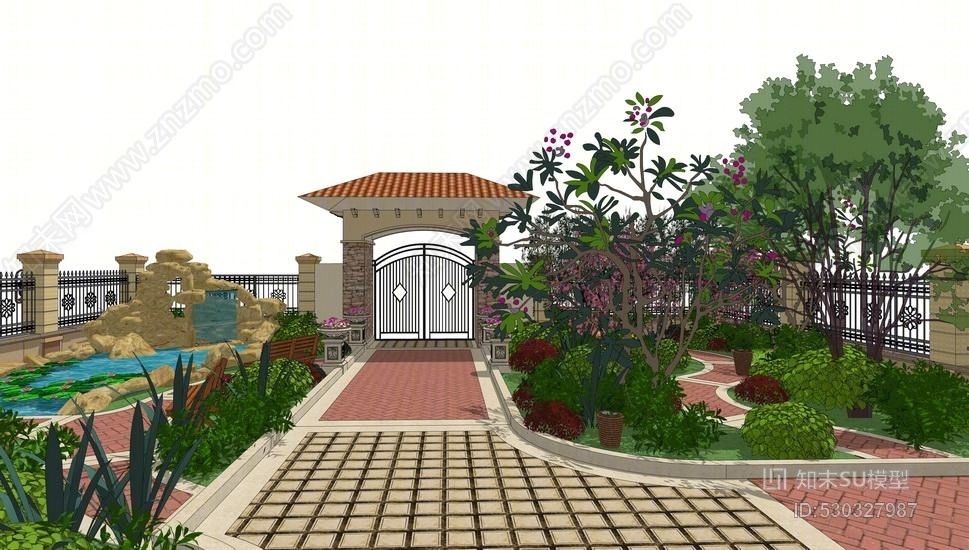 欧式庭院景观SU模型下载【ID:530327987】