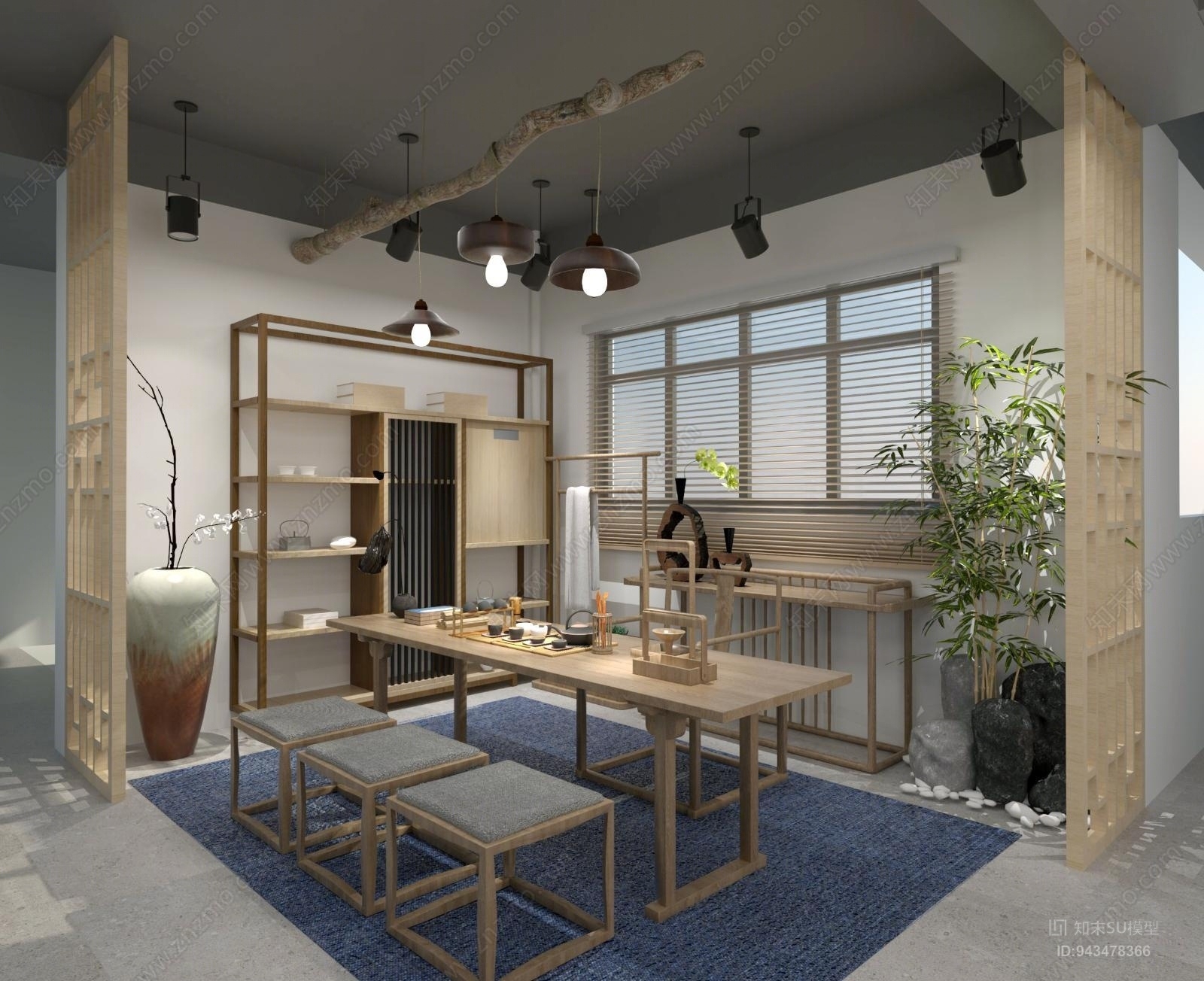 新中式开放式茶室SU模型下载【ID:943478366】