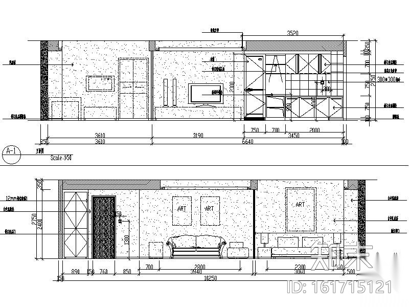 观海一居室精装修图cad施工图下载【ID:161715121】