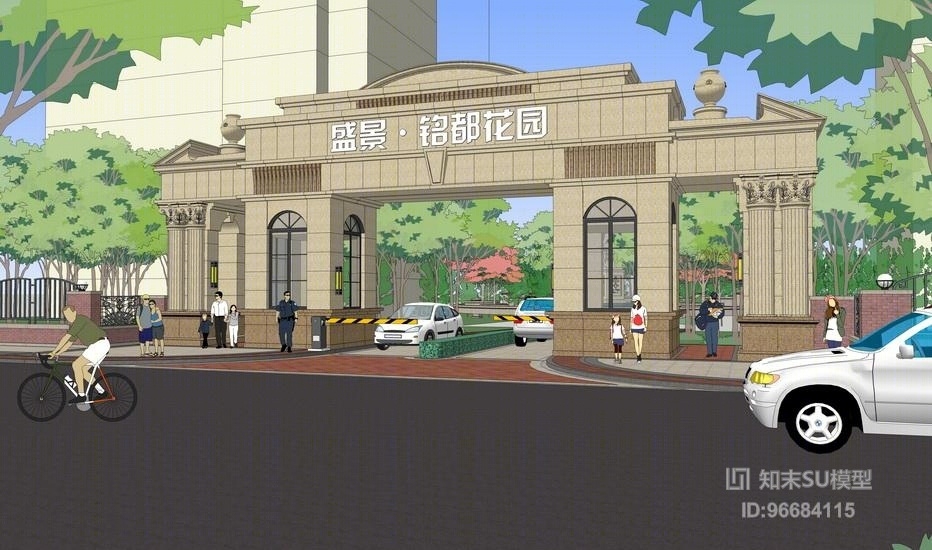 古典盛景铭都花园入口大门SU模型下载【ID:96684115】
