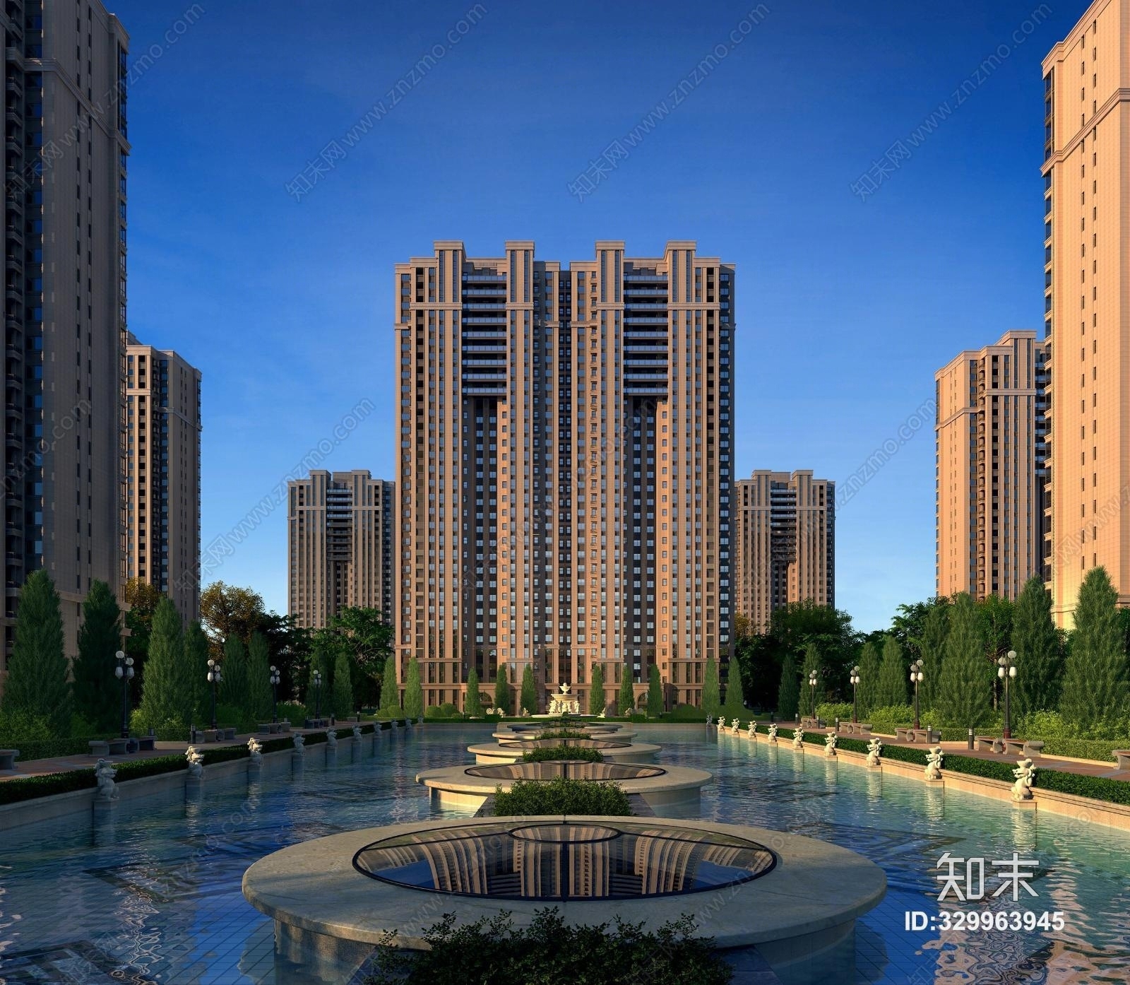 简欧室外新古典建筑小区高层住宅　园林小区　精品楼盘欧式建筑　高档小区住宅3D模型下载【ID:329963945】