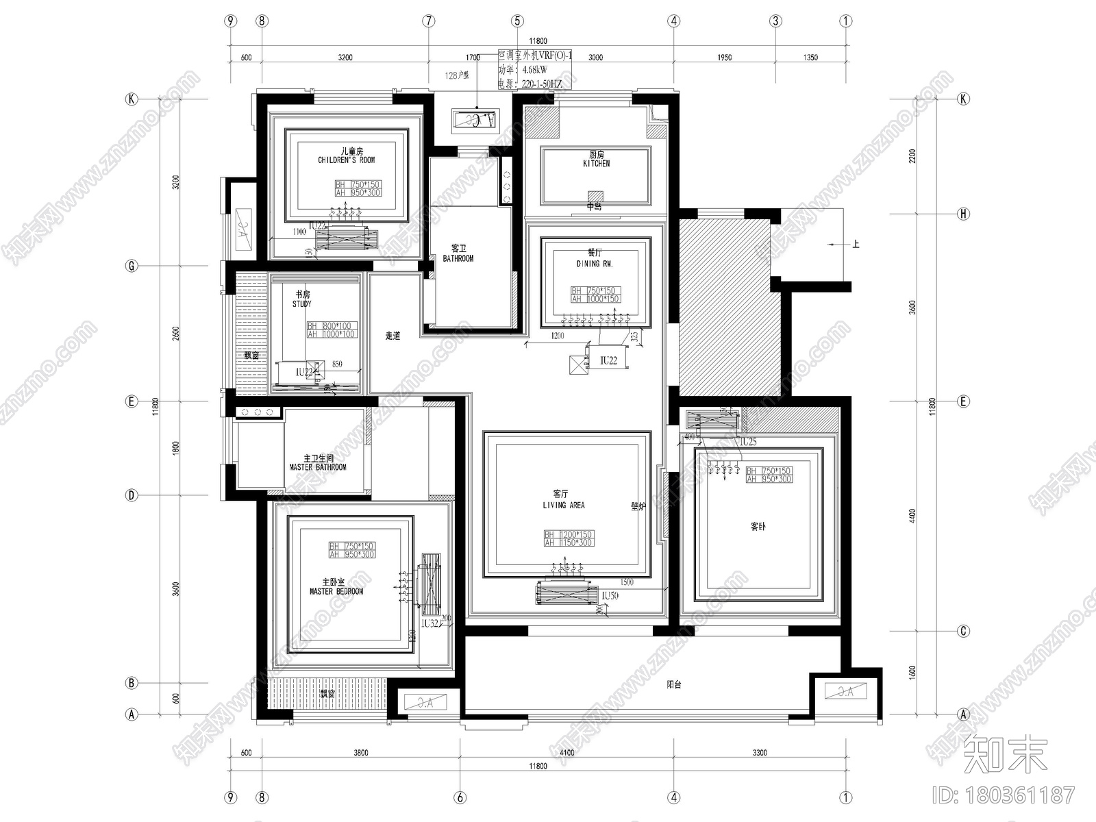 [苏州]鲁能118㎡三居家装样板间​装修图纸cad施工图下载【ID:180361187】