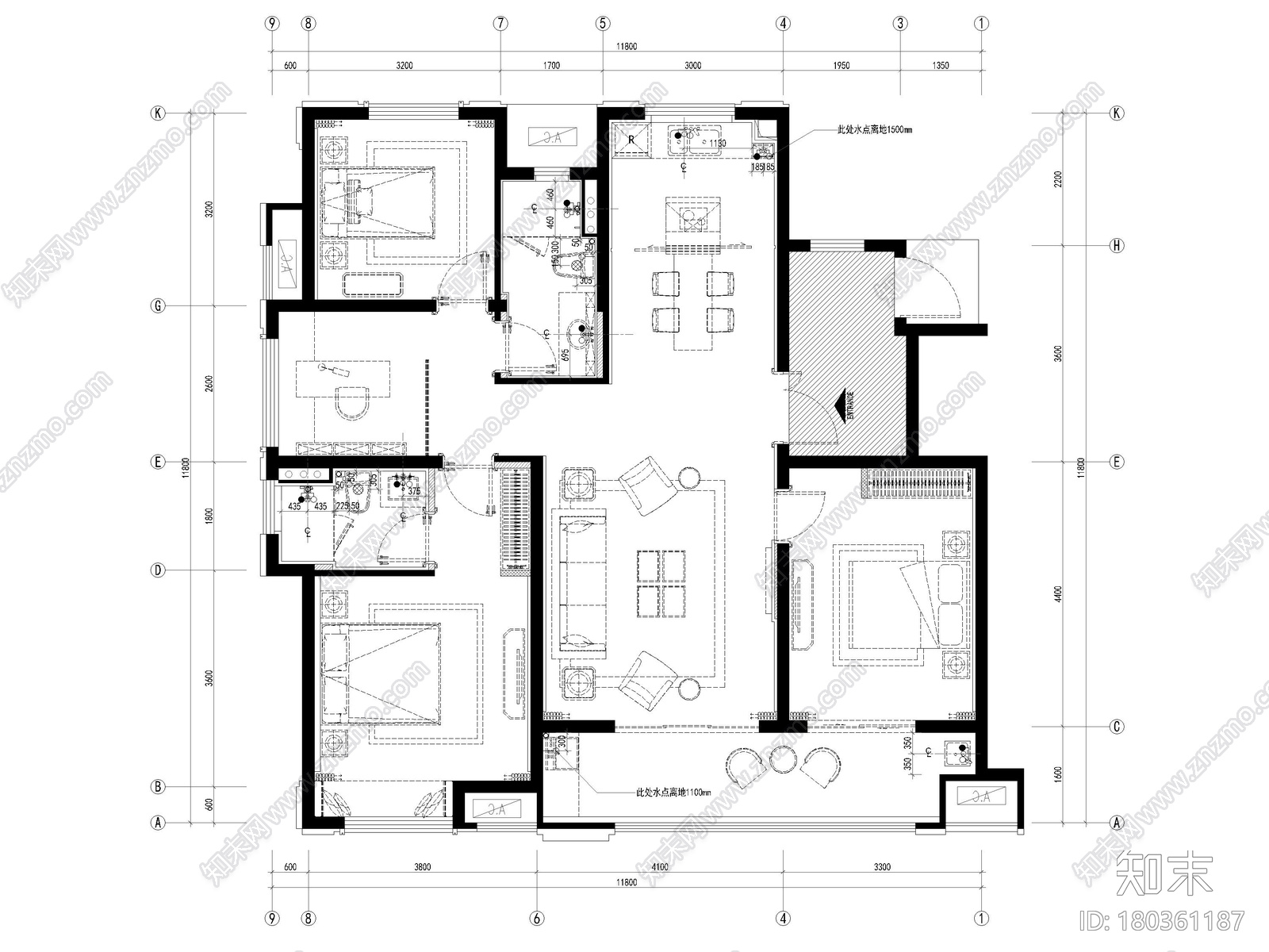 [苏州]鲁能118㎡三居家装样板间​装修图纸cad施工图下载【ID:180361187】