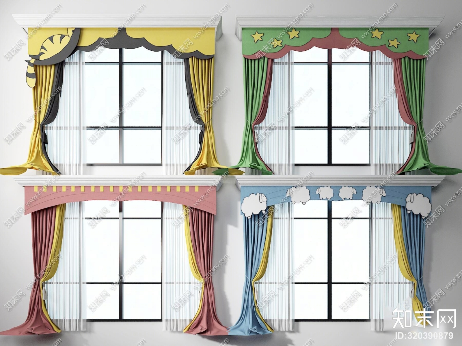 现代儿童房窗帘组合3D模型下载【ID:320390879】