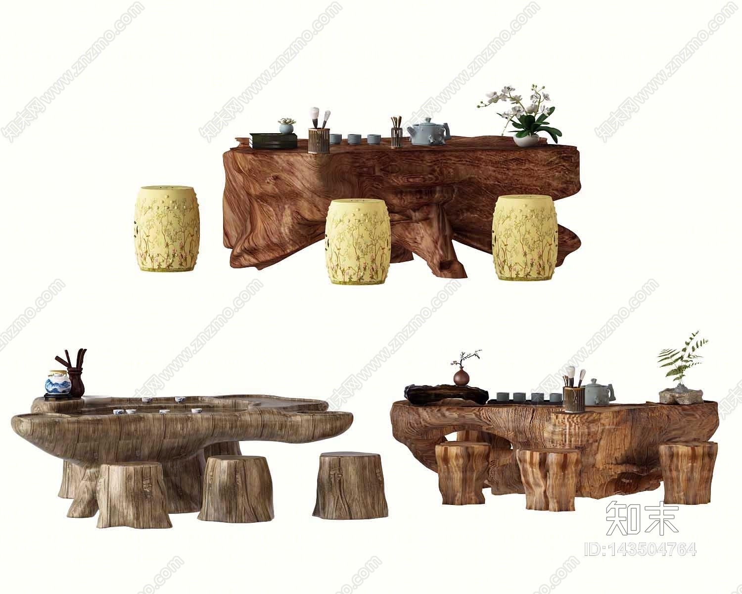 中式根雕茶海茶桌椅3D模型下载【ID:143504764】