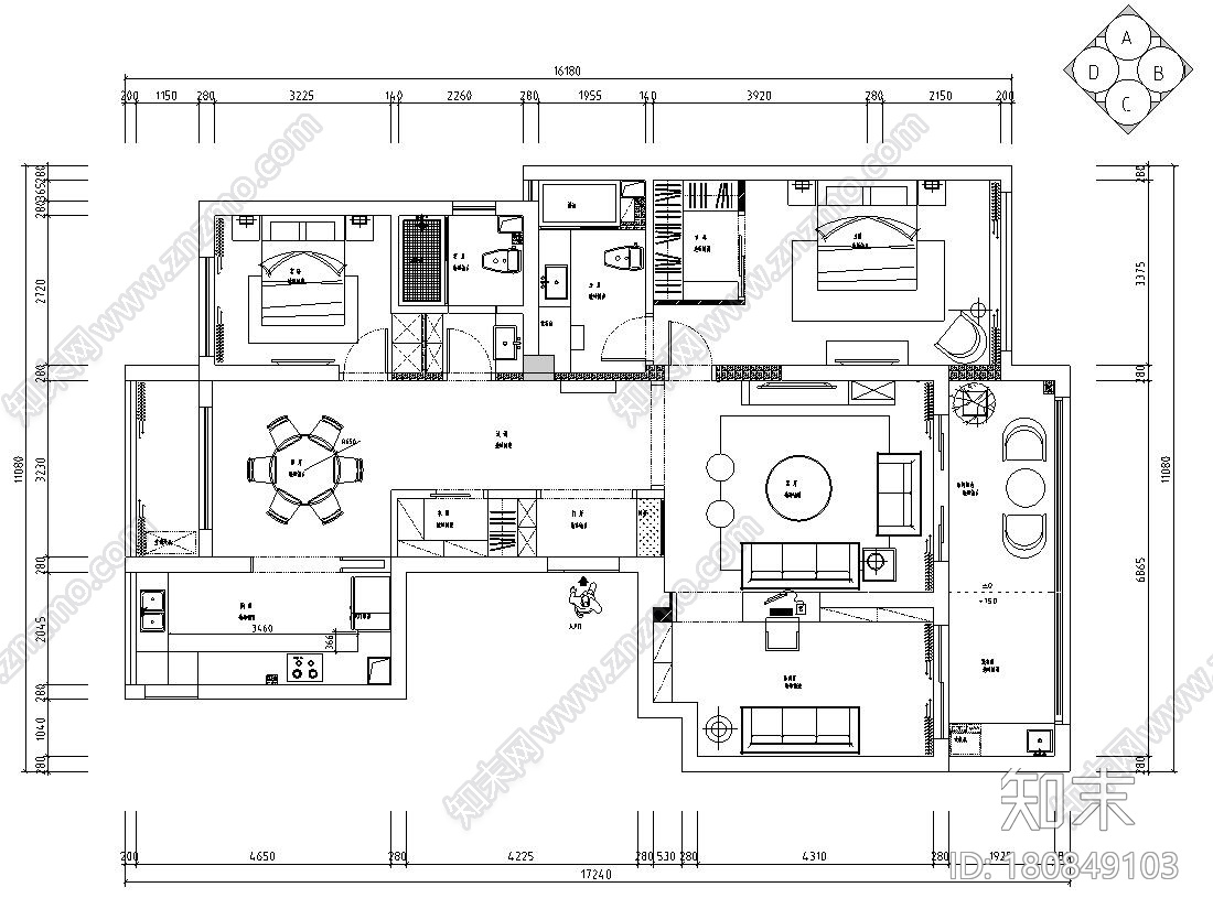 现代风格140㎡三居室住宅装修施工图设计cad施工图下载【ID:180849103】