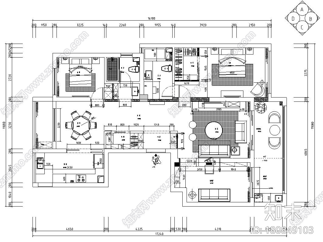 现代风格140㎡三居室住宅装修施工图设计cad施工图下载【ID:180849103】