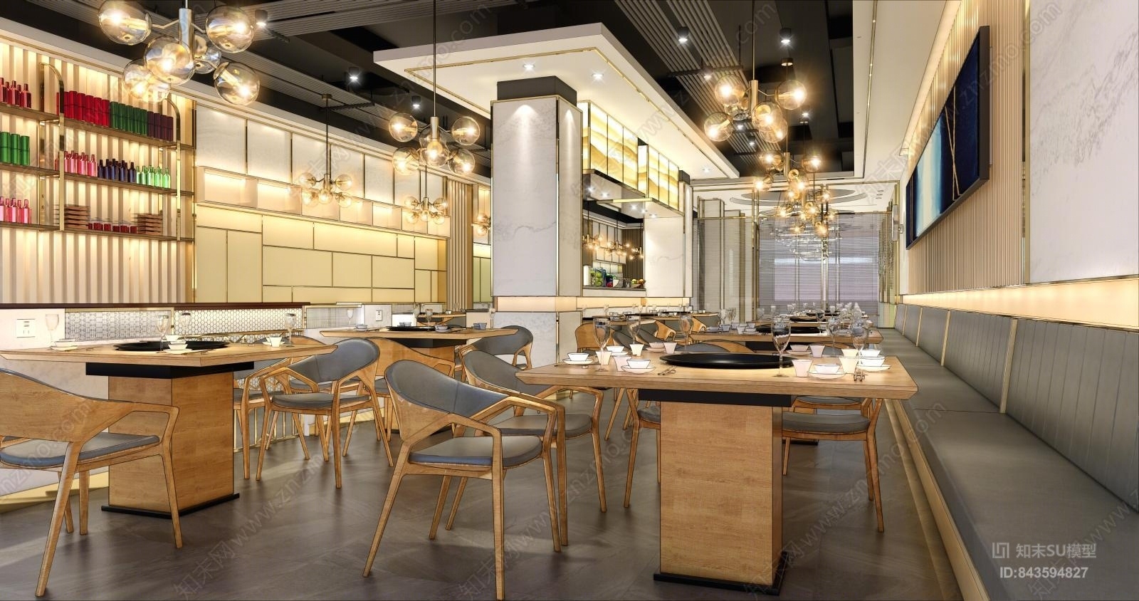 现代风格餐饮火锅店设计SU模型下载【ID:843594827】
