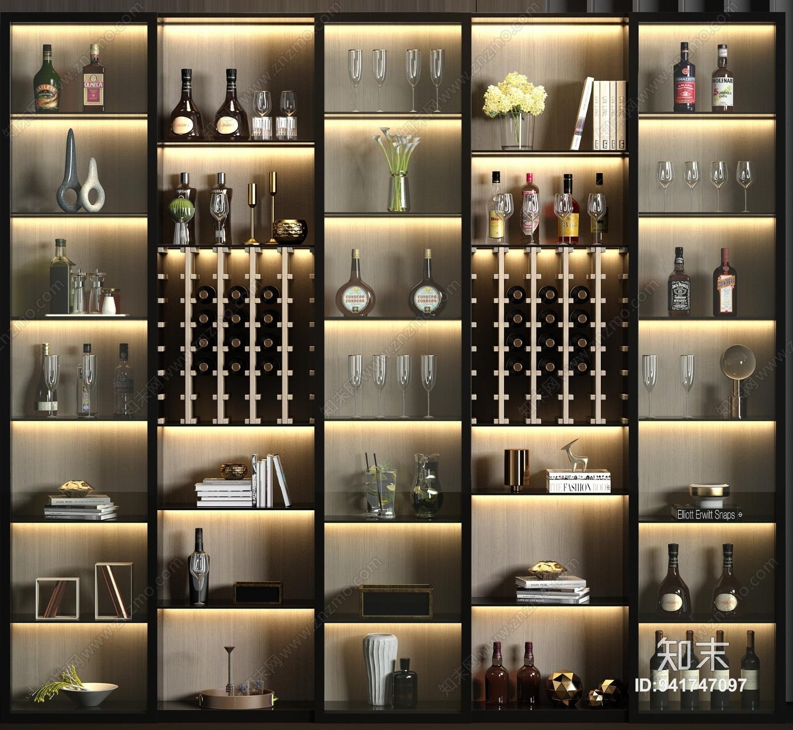 现代实木酒柜酒水饰品组合3D模型下载【ID:941747097】