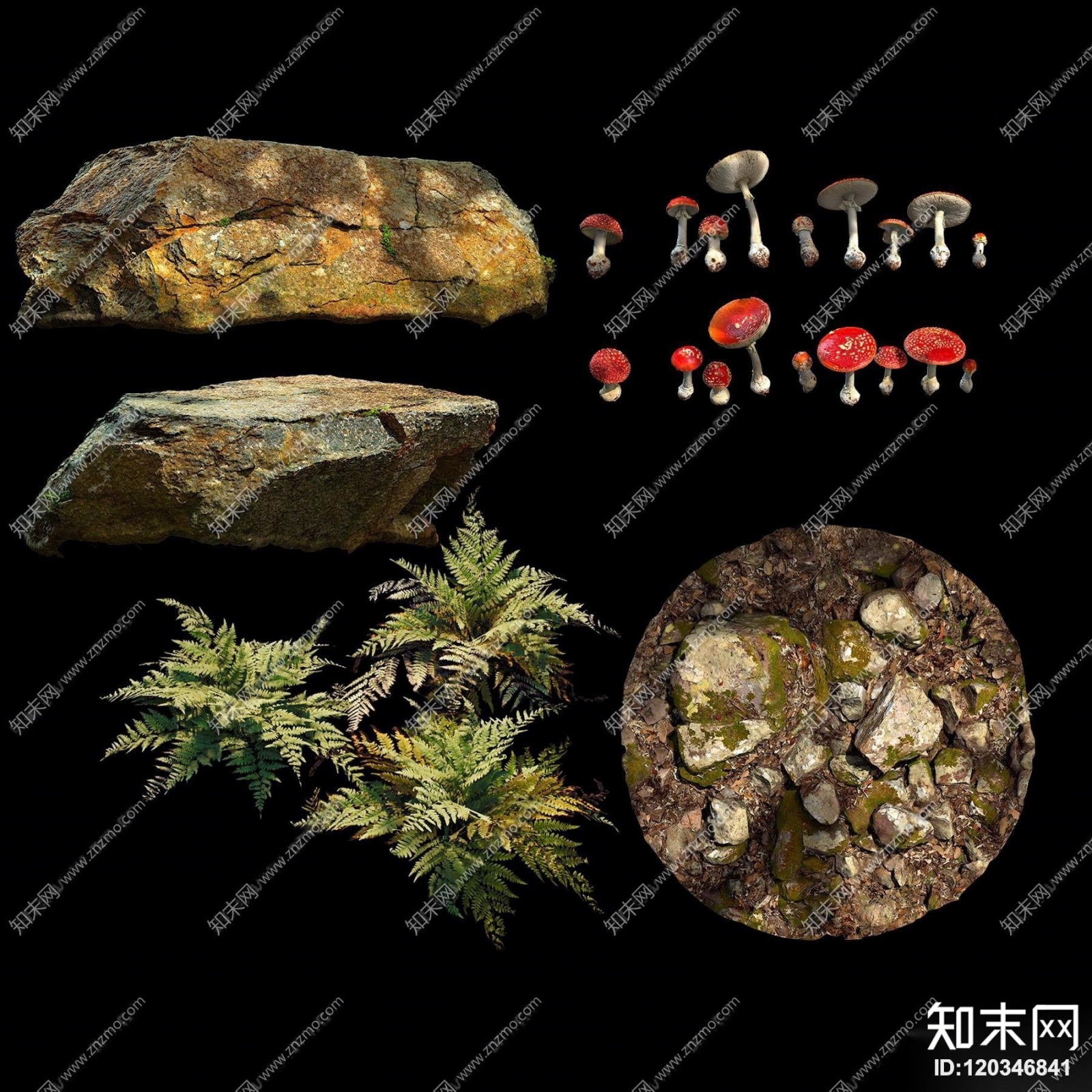 现代石头蕨类植物蘑菇园林小品3D模型下载【ID:120346841】