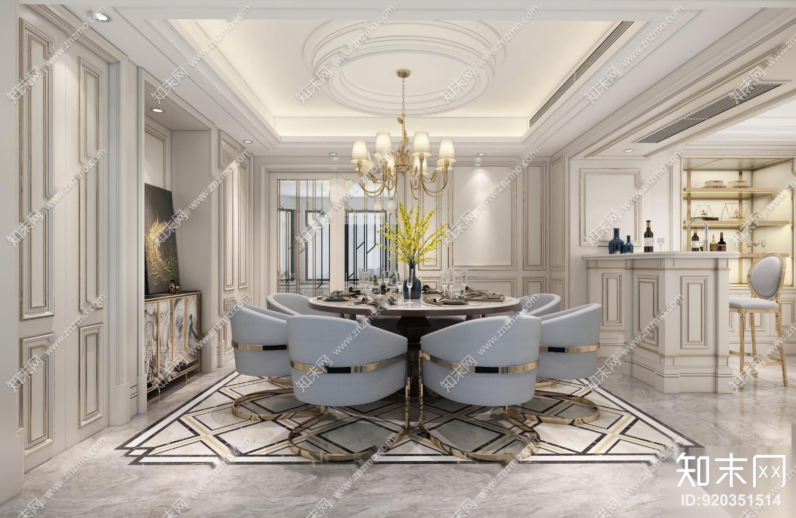 简欧餐厅吧台组合3D模型下载【ID:920351514】