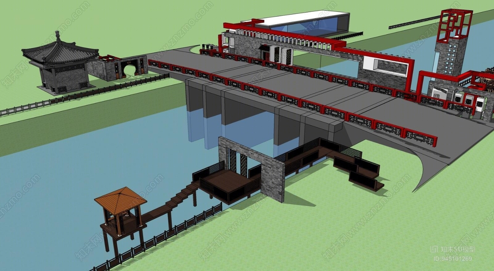 中式风格户外建筑大桥SU模型下载【ID:945101269】