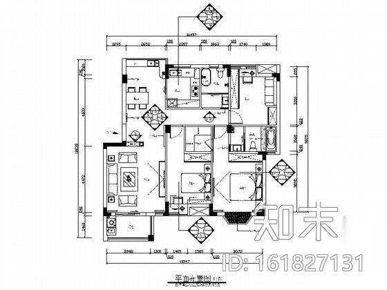 [江西]现代新中式三居室样板间CAD装修施工图（含效果）施工图下载【ID:161827131】
