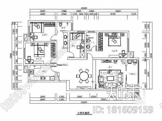 [深圳]140平某中式四室两厅装修图（含效果）施工图下载【ID:181609159】