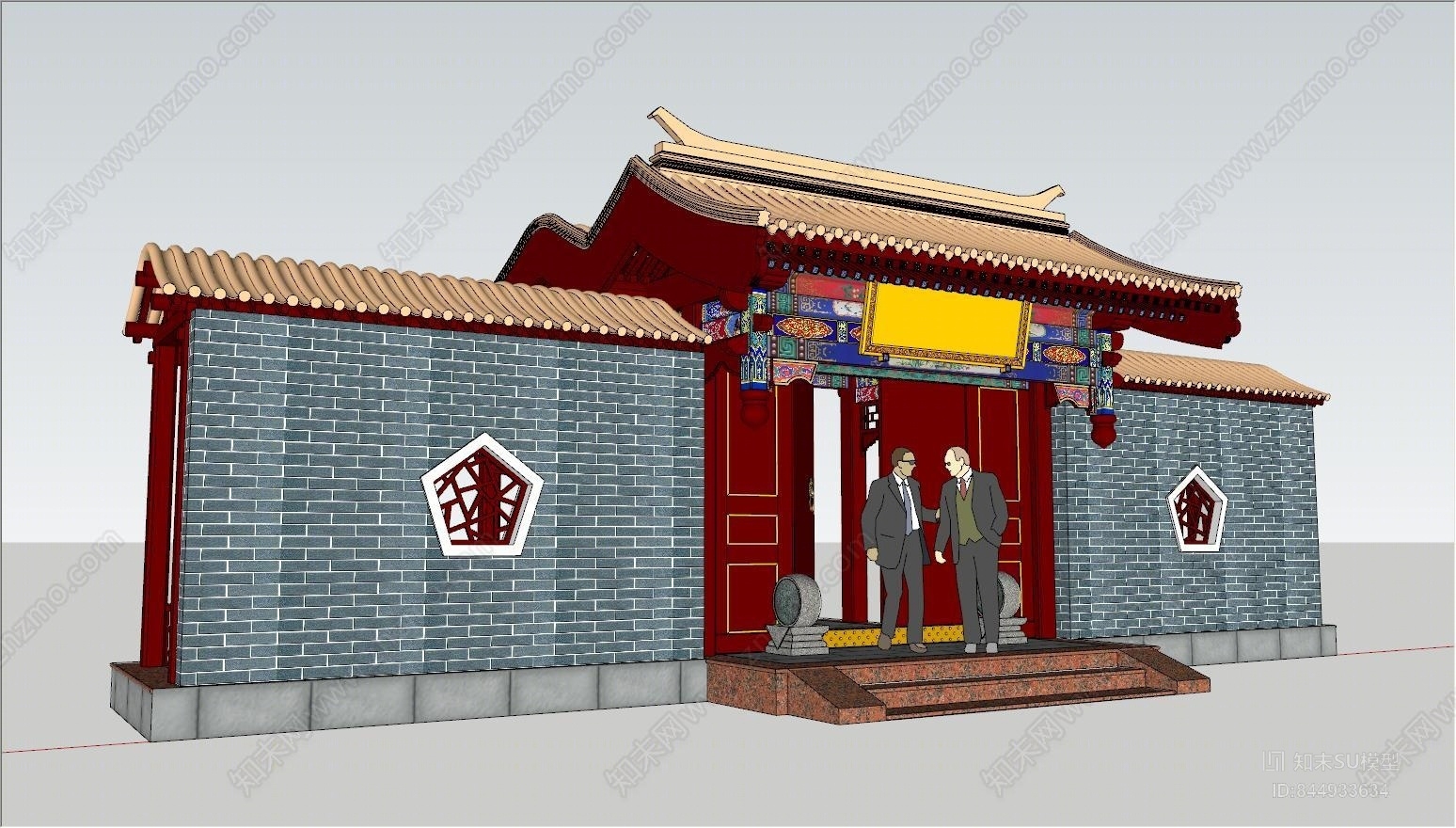 中式四合院垂花门门廊SU模型下载【ID:844933634】