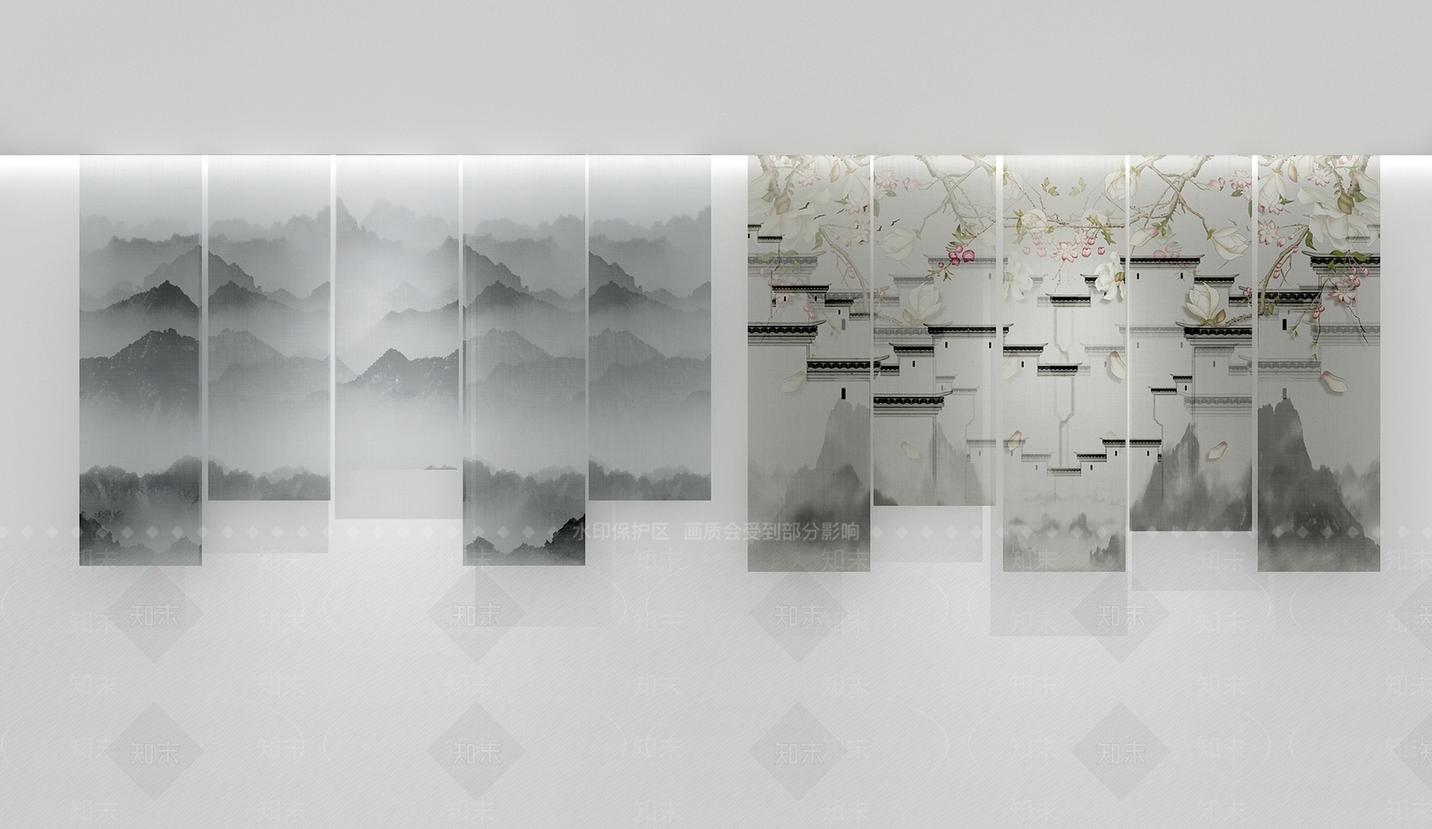 新中式山水马头墙纱帘3D模型下载【ID:334311845】