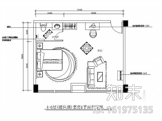 暖色酒店双人床套房装修图cad施工图下载【ID:161975135】