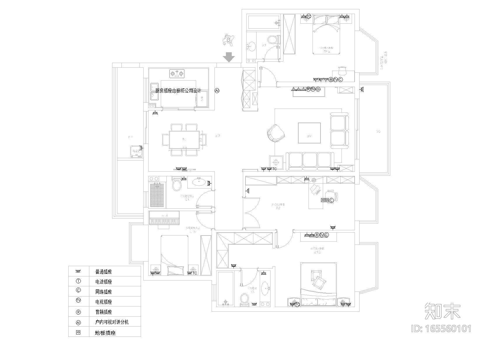 [南京]御江金城美式简约四居室样板间施工图cad施工图下载【ID:165560101】