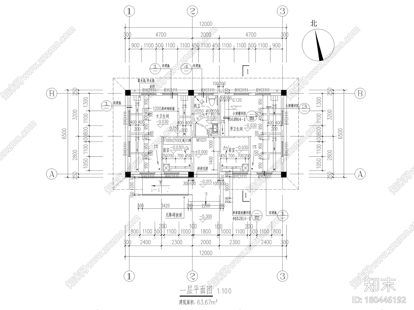 单层框架结构公厕建筑施工图2018施工图下载【ID:180446192】