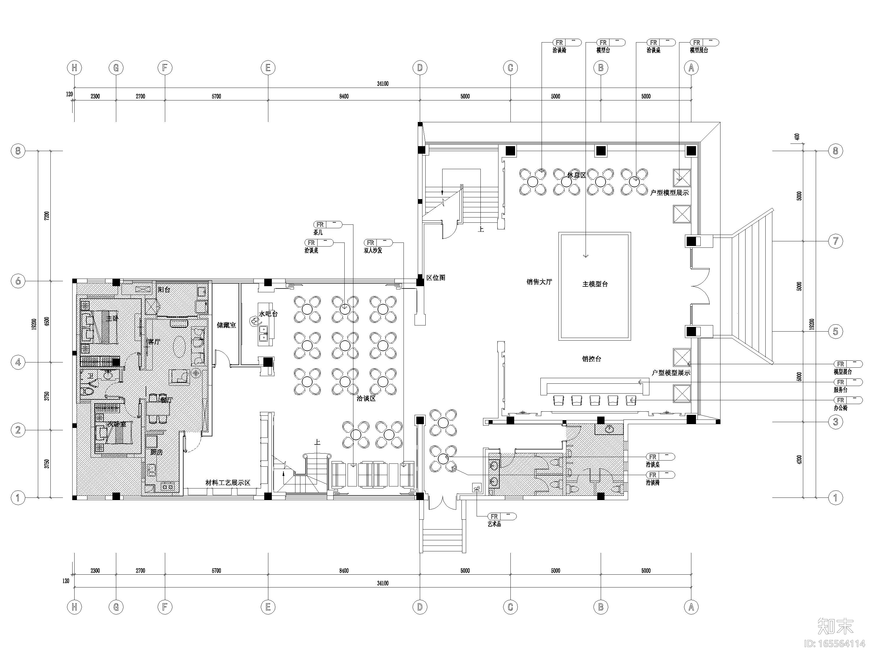 [江苏]883㎡现代二层售楼处装饰设计施工图cad施工图下载【ID:165564114】