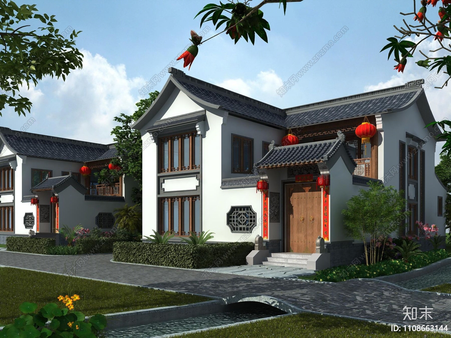 中式别墅外观3d模型下载