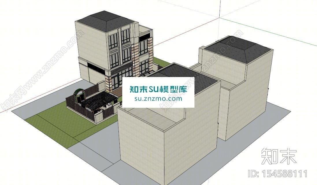 现代庭院景观木围栏木廊架SU模型下载【ID:154588111】