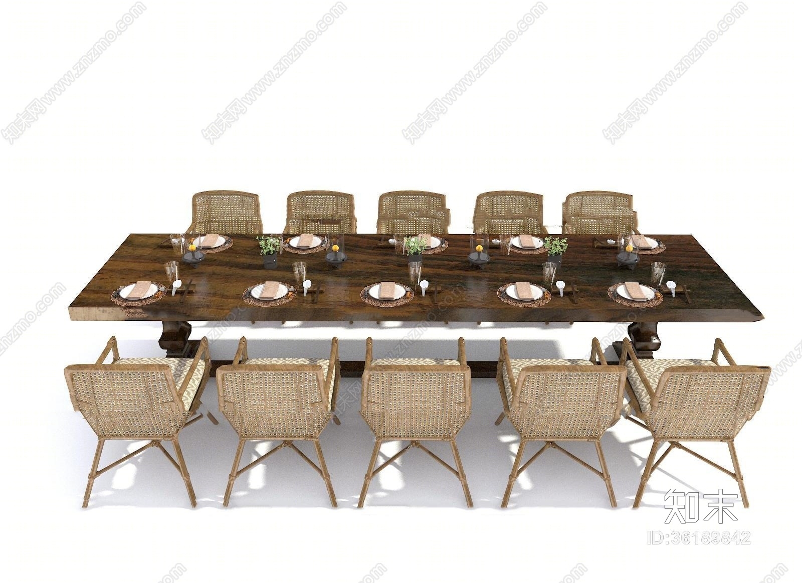 现代藤编餐桌椅吧台椅组合3D模型下载【ID:36189842】