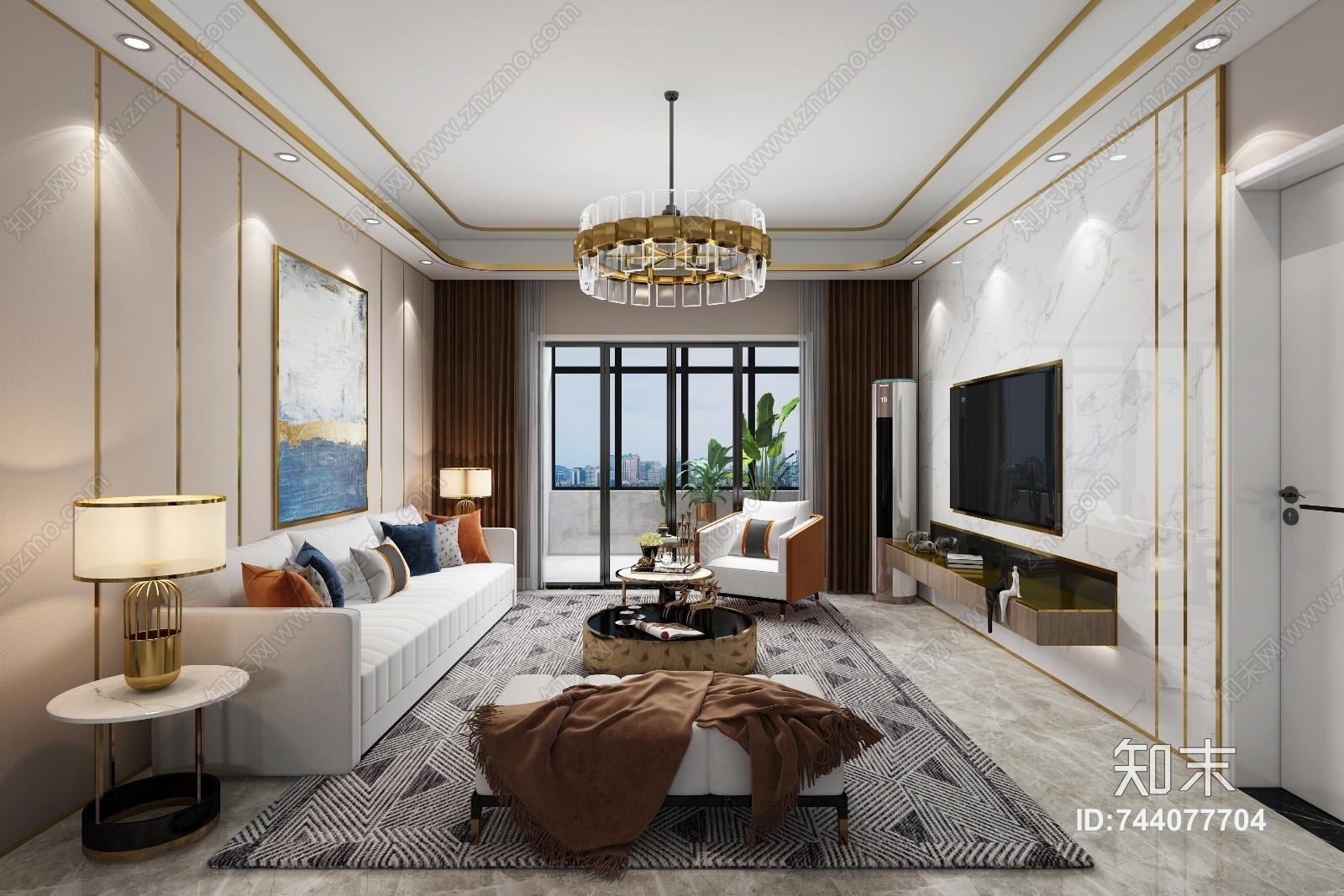 现代轻奢极简客厅开放式厨房阳台3D模型下载【ID:744077704】