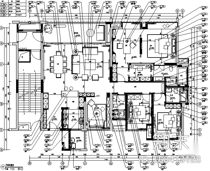 鼎峰源著三期3-A样板房设计施工图（附效果图）cad施工图下载【ID:168413128】