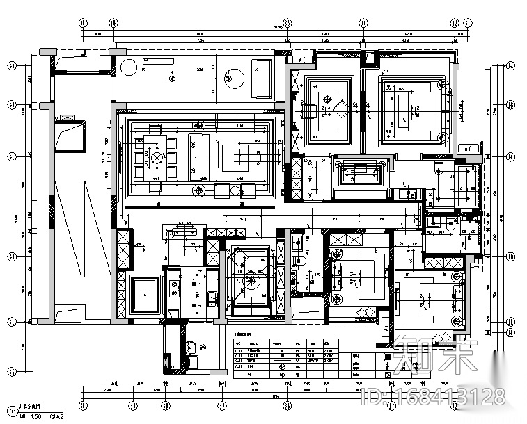 鼎峰源著三期3-A样板房设计施工图（附效果图）cad施工图下载【ID:168413128】