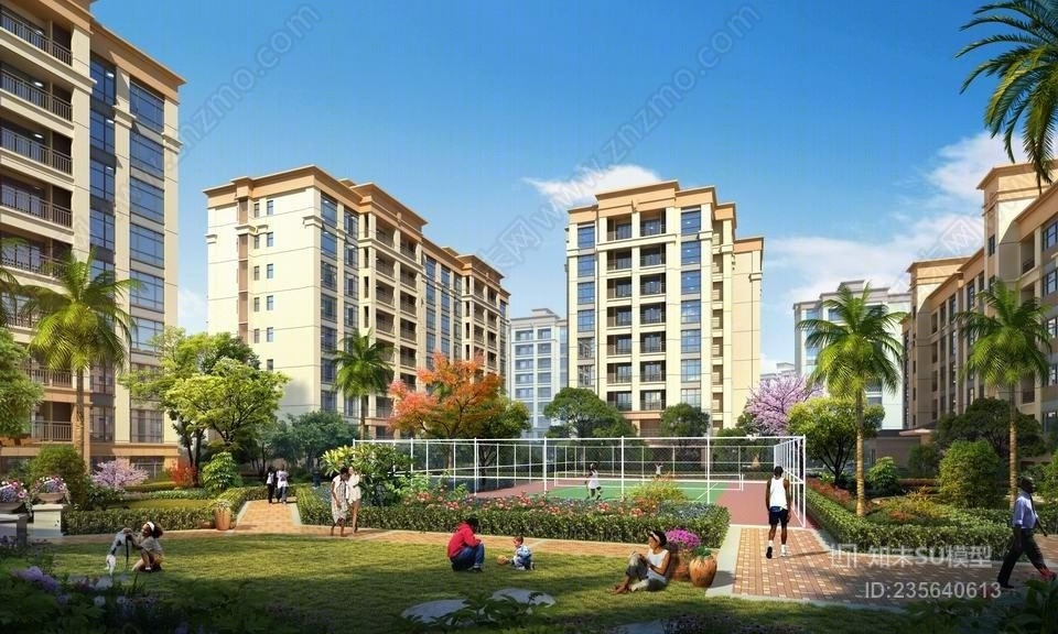 新古典小区建筑SU模型下载【ID:235640613】