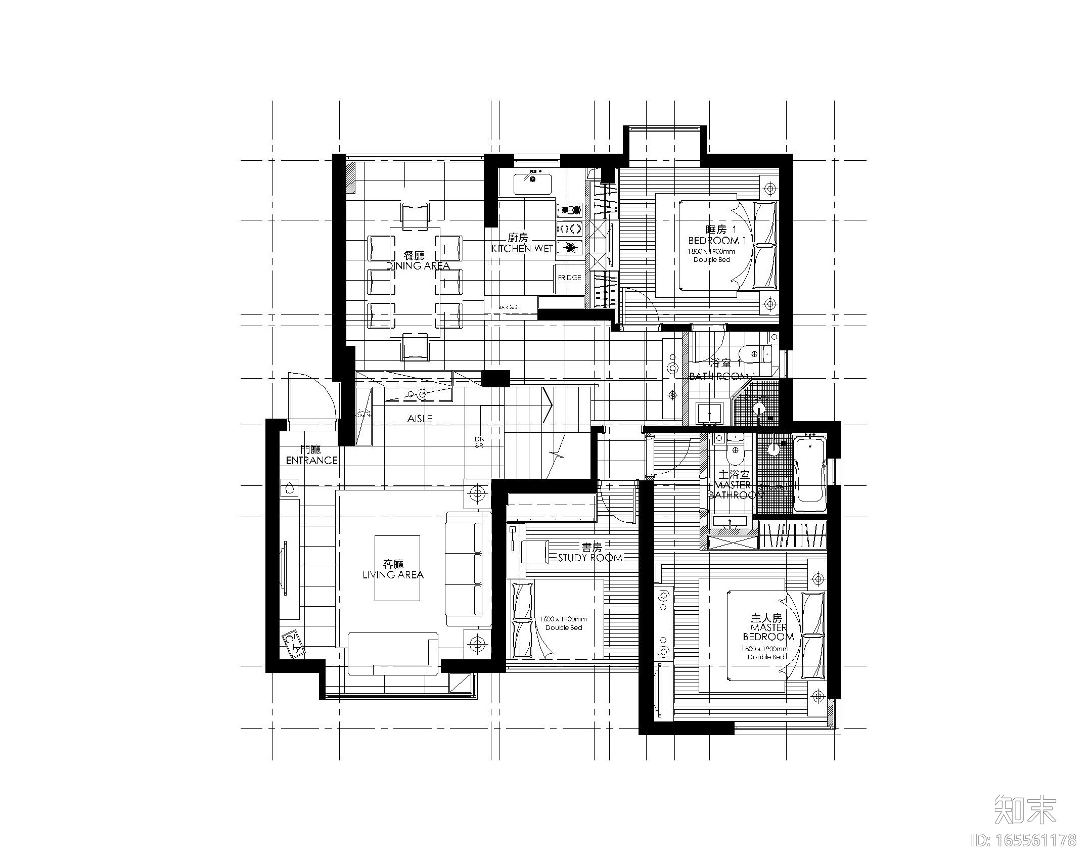 简约风格三居室住宅室内装修施工图+效果图cad施工图下载【ID:165561178】