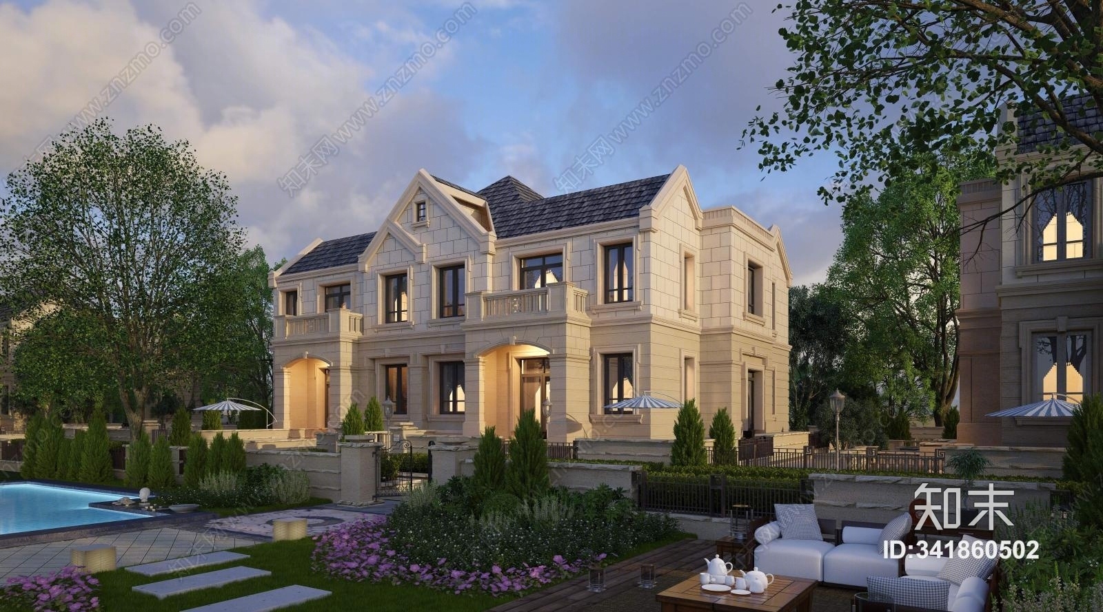 欧式独栋别墅建筑外观3D模型下载【ID:341860502】