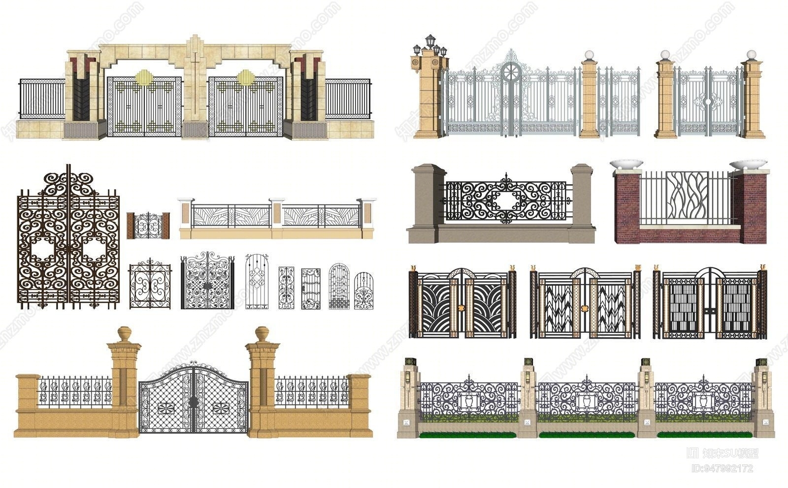 现代铁艺大门围墙SU模型下载【ID:947992172】