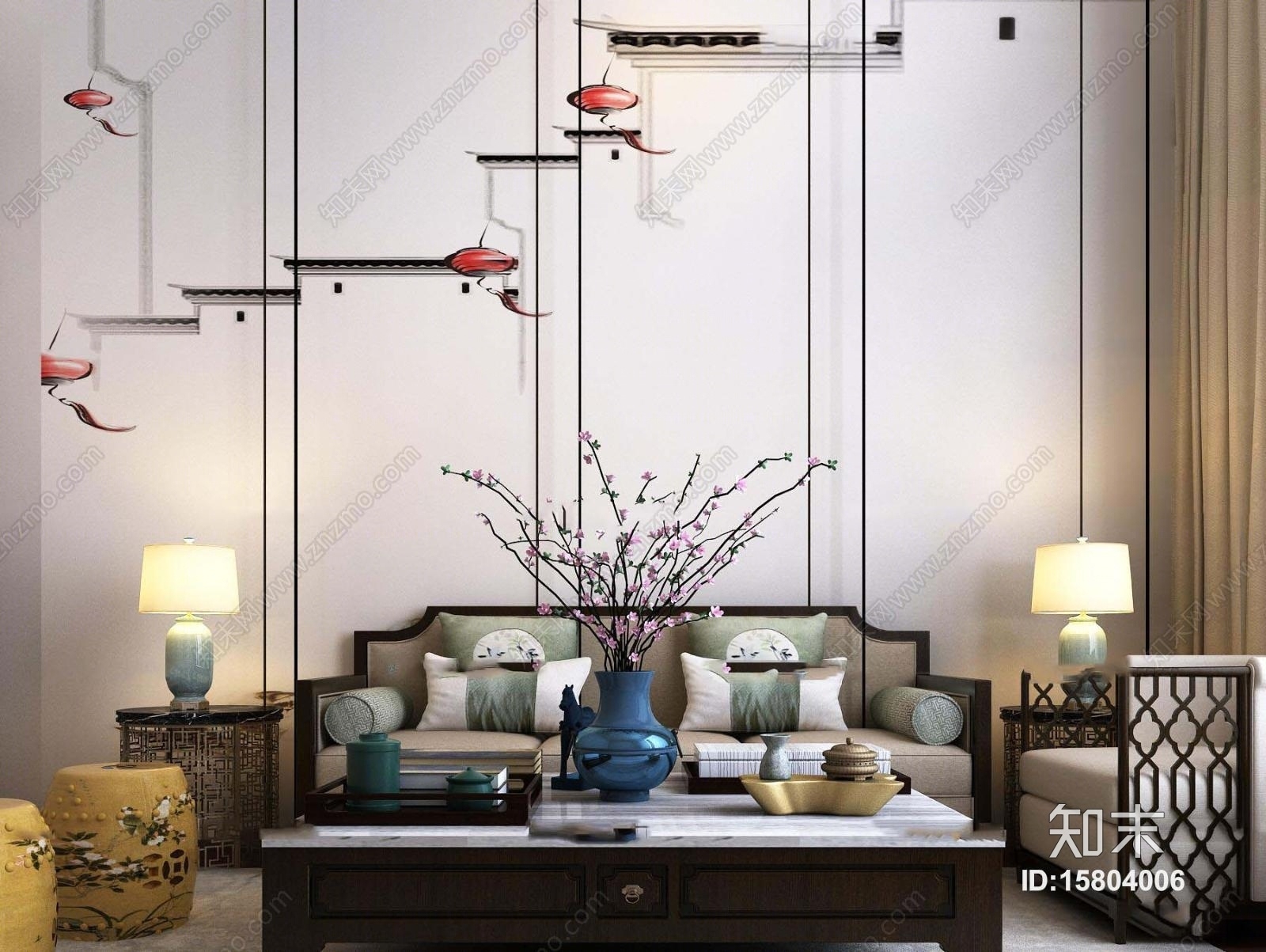 中式实木沙发茶几组合3D模型下载【ID:15804006】