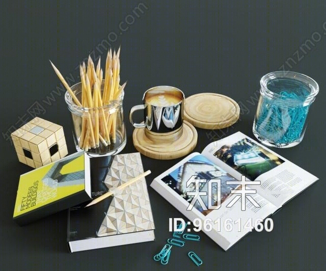 现代书籍水杯铅笔组合3D模型下载【ID:96161460】