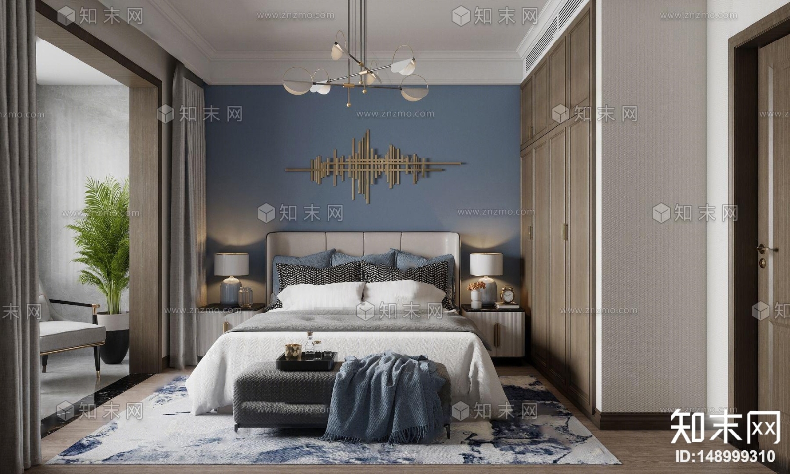 新中式轻奢卧室3D模型下载【ID:148999310】