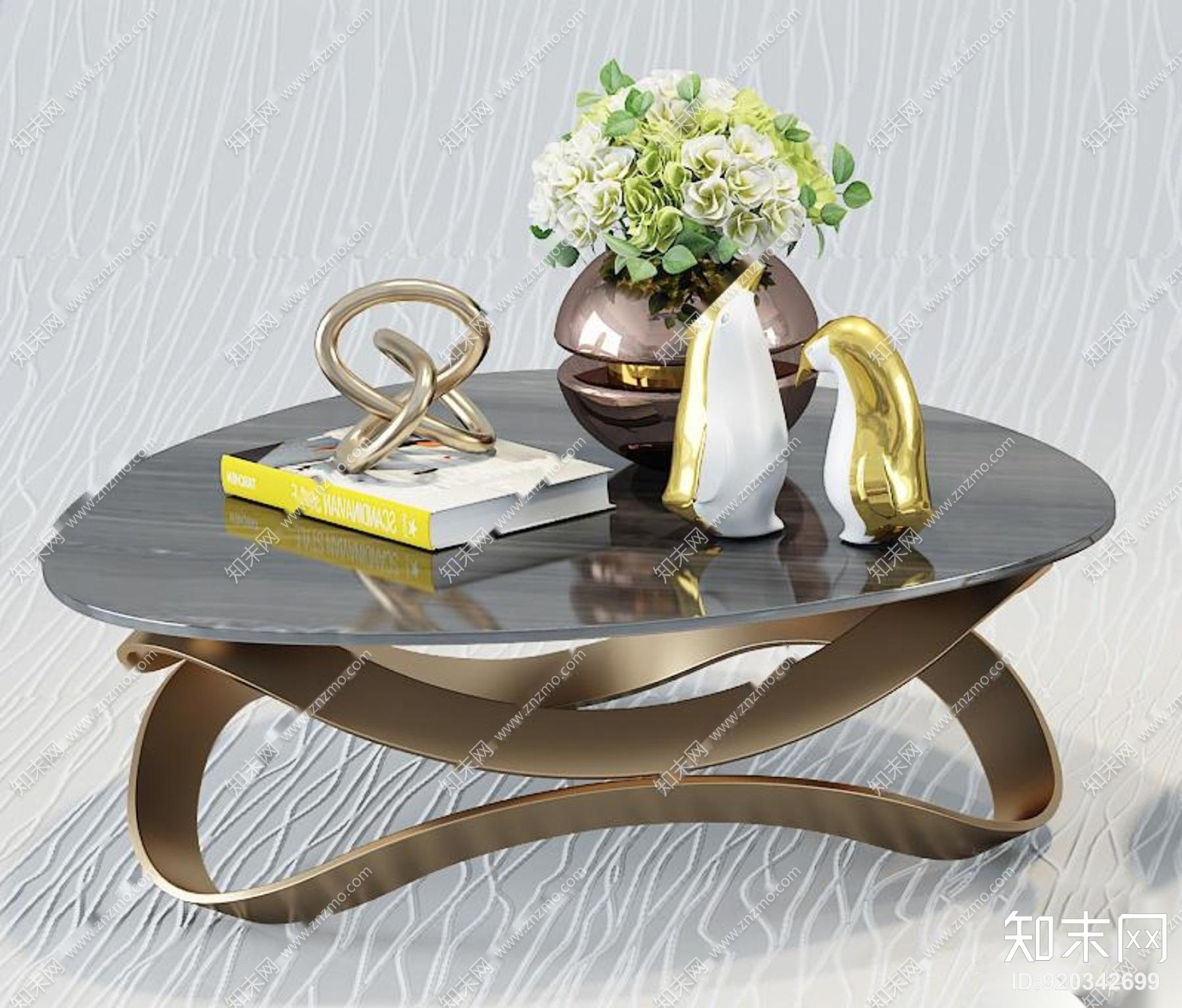 现代金属茶几边几花瓶摆件组合3D模型下载【ID:920342699】