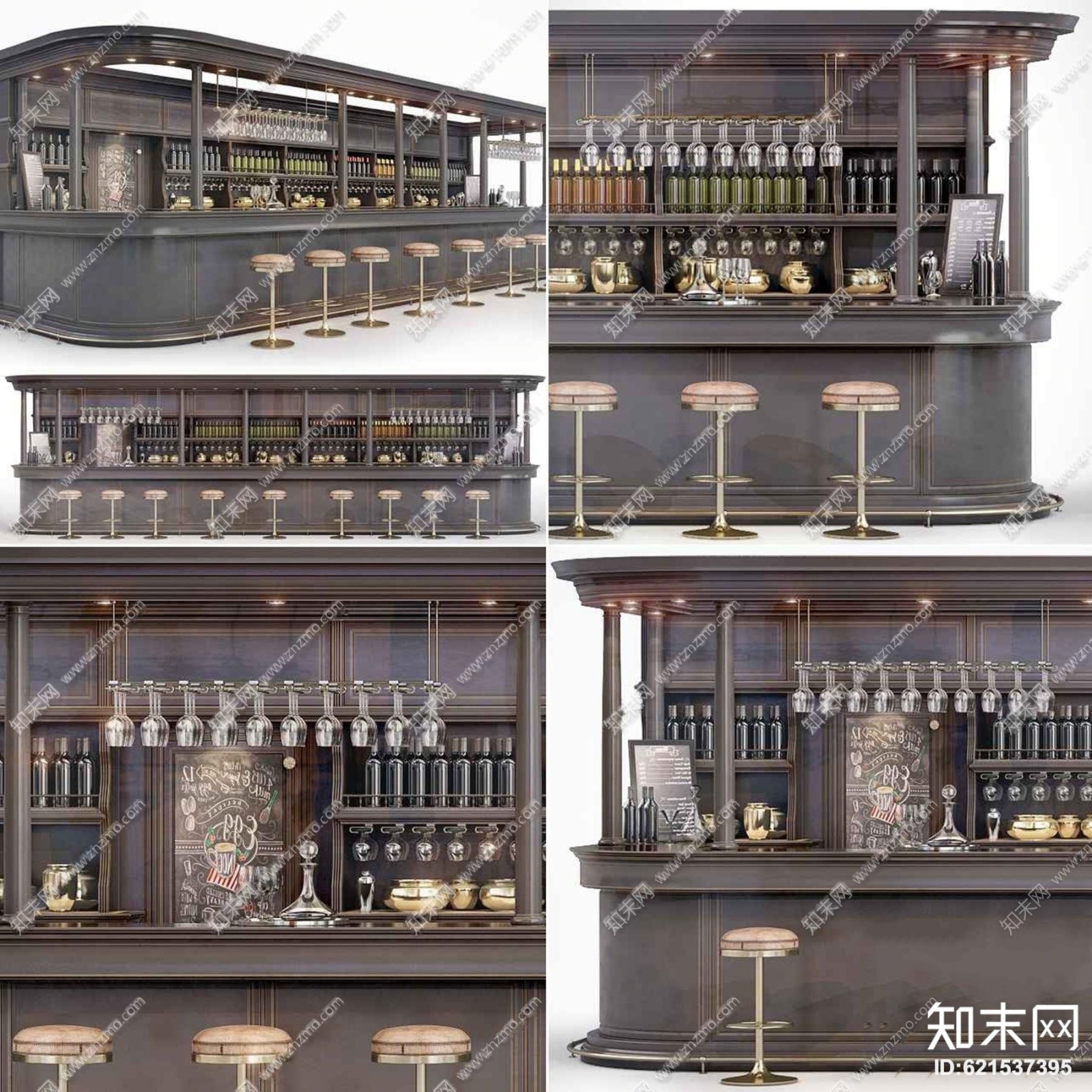 工业风吧台吧椅酒水酒杯调酒器组合3D模型下载【ID:621537395】