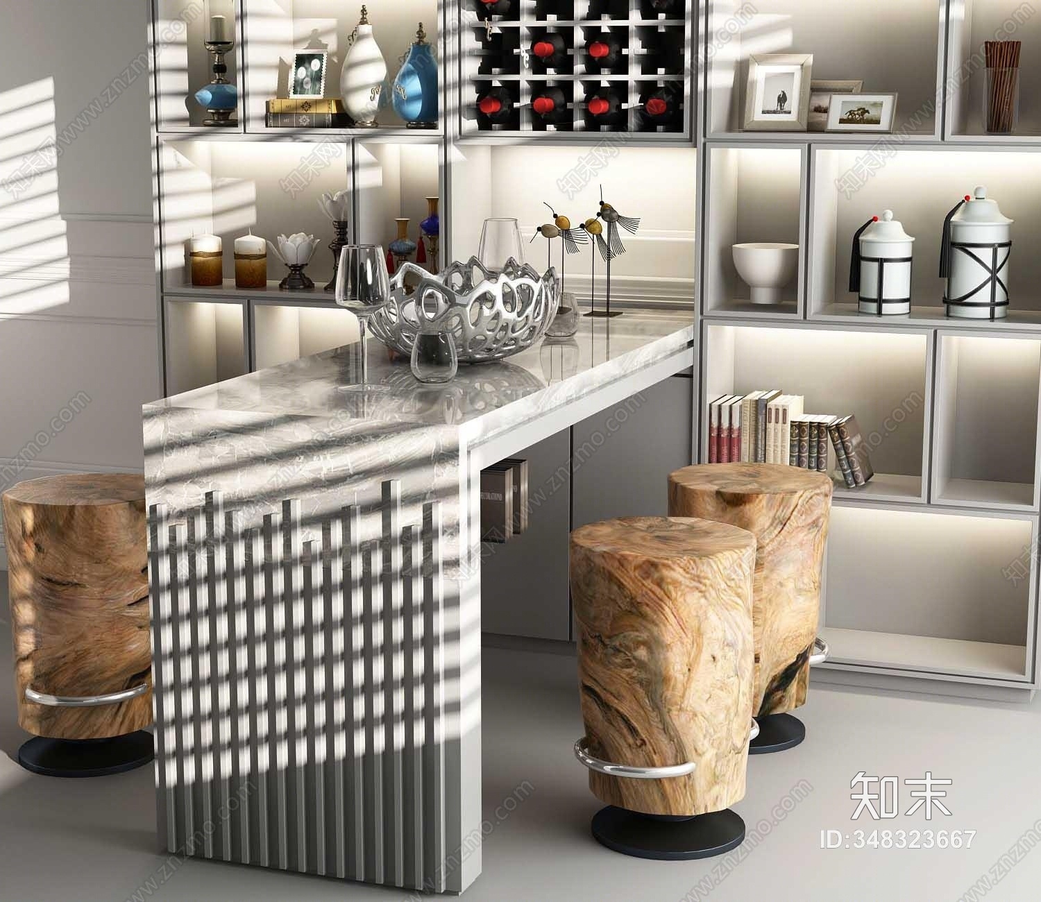 新中式吧台桌椅组合3D模型下载【ID:348323667】