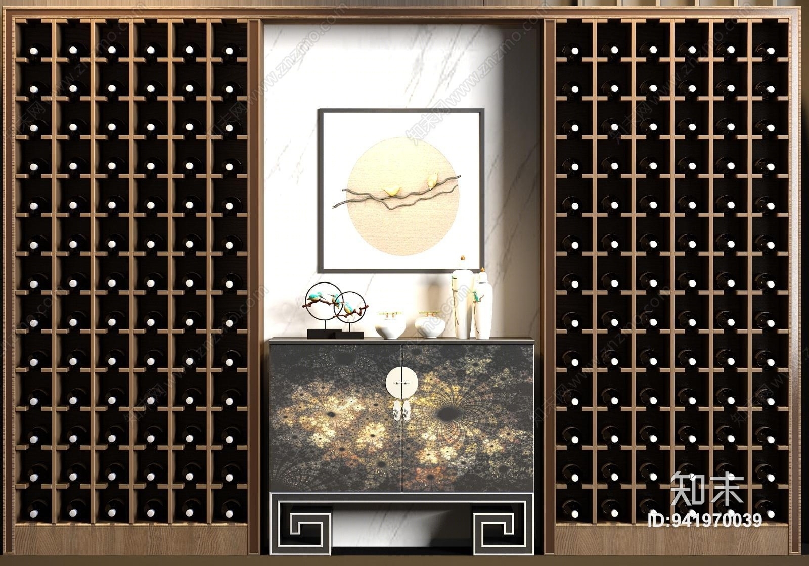 新中式实木酒柜端景柜饰品组合3D模型下载【ID:941970039】