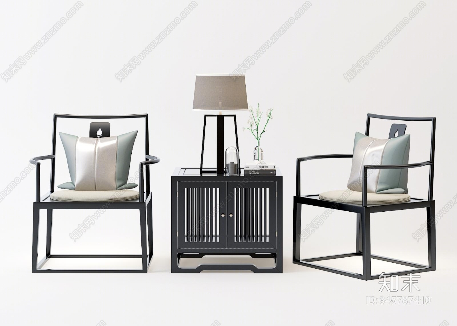 新中式单椅边几摆件组合3D模型下载【ID:345787410】
