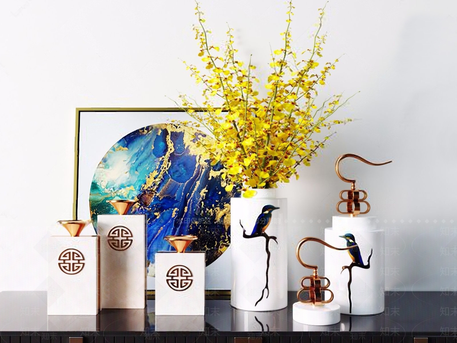 新中式陶瓷花瓶花卉组合3D模型下载【ID:634388506】