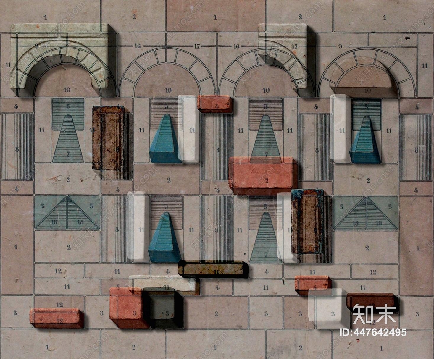 复古圆顶红砖椎体几何图形数字屋顶建筑元素装饰壁纸壁画贴图下载【ID:447642495】