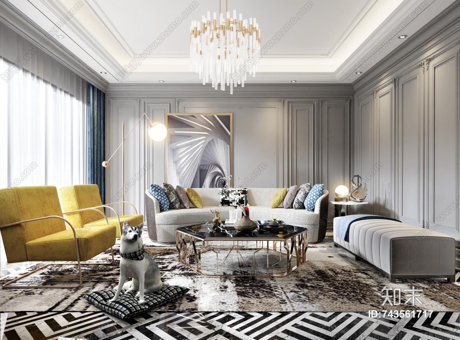 简欧客厅沙发组合3D模型下载【ID:743561717】