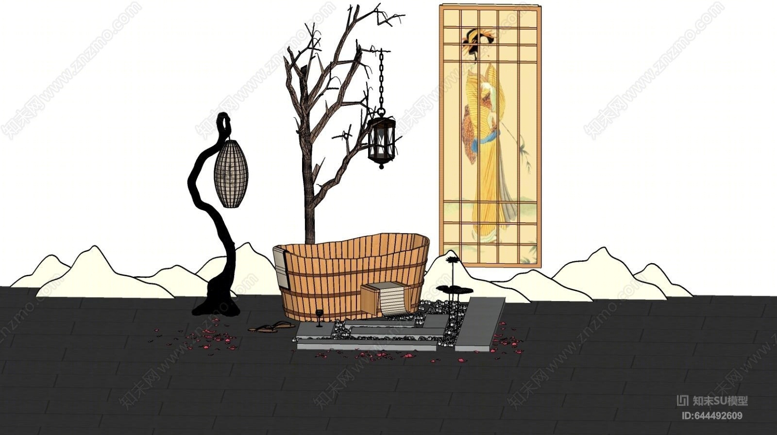 日式风格园林小品小景SU模型下载【ID:644492609】