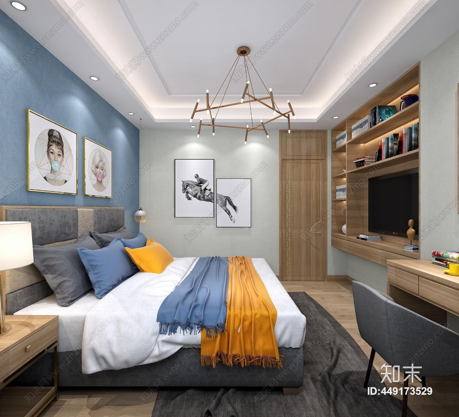 新中式男孩房儿童房连体电视柜吊灯书桌3D模型下载【ID:449173529】